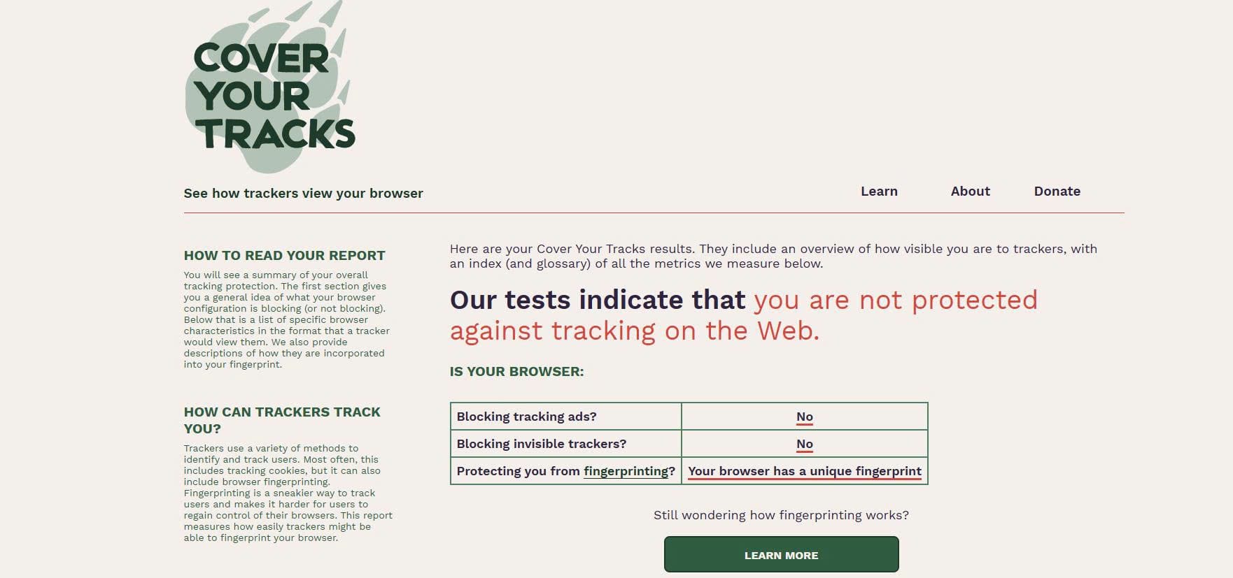EFF Cover Your Tracks results showing how browser characteristics can be combined to identify a device after opening an external link.