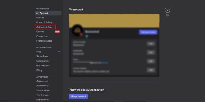 Discord account settings with Authorized Apps highlighted, where users can review and revoke access from unrecognized applications after clicking a suspicious live stream chat link.