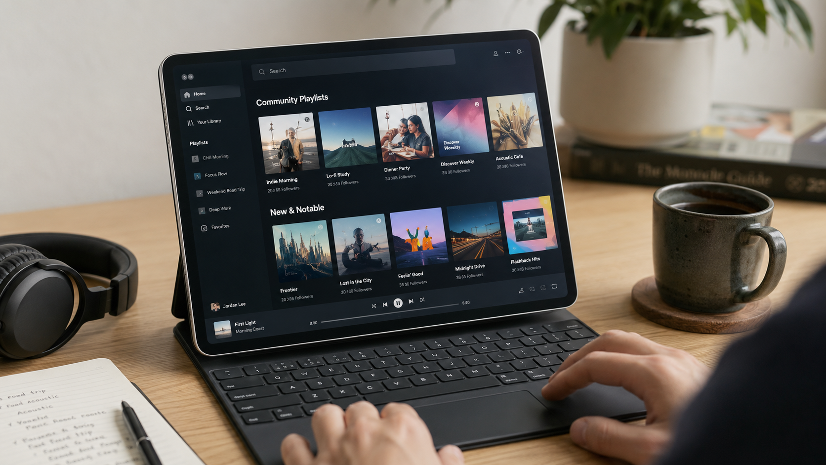 Tablet displaying community playlists with playlist names and follower counts, illustrating music collections created by other users.