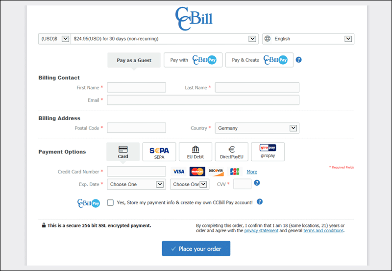 CCBill payment processor homepage, a major third-party billing gateway commonly used on digital subscription platforms.