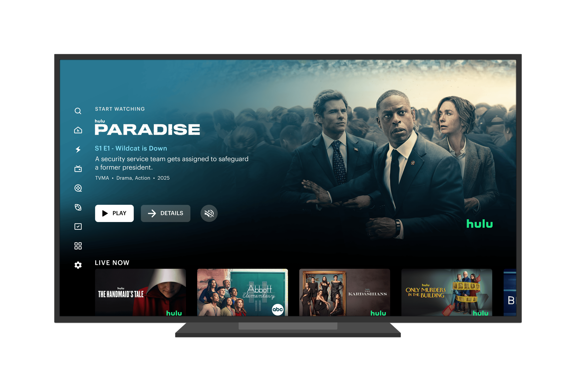 Television interface of a video-on-demand (VOD) streaming service showing show titles and episode options.
