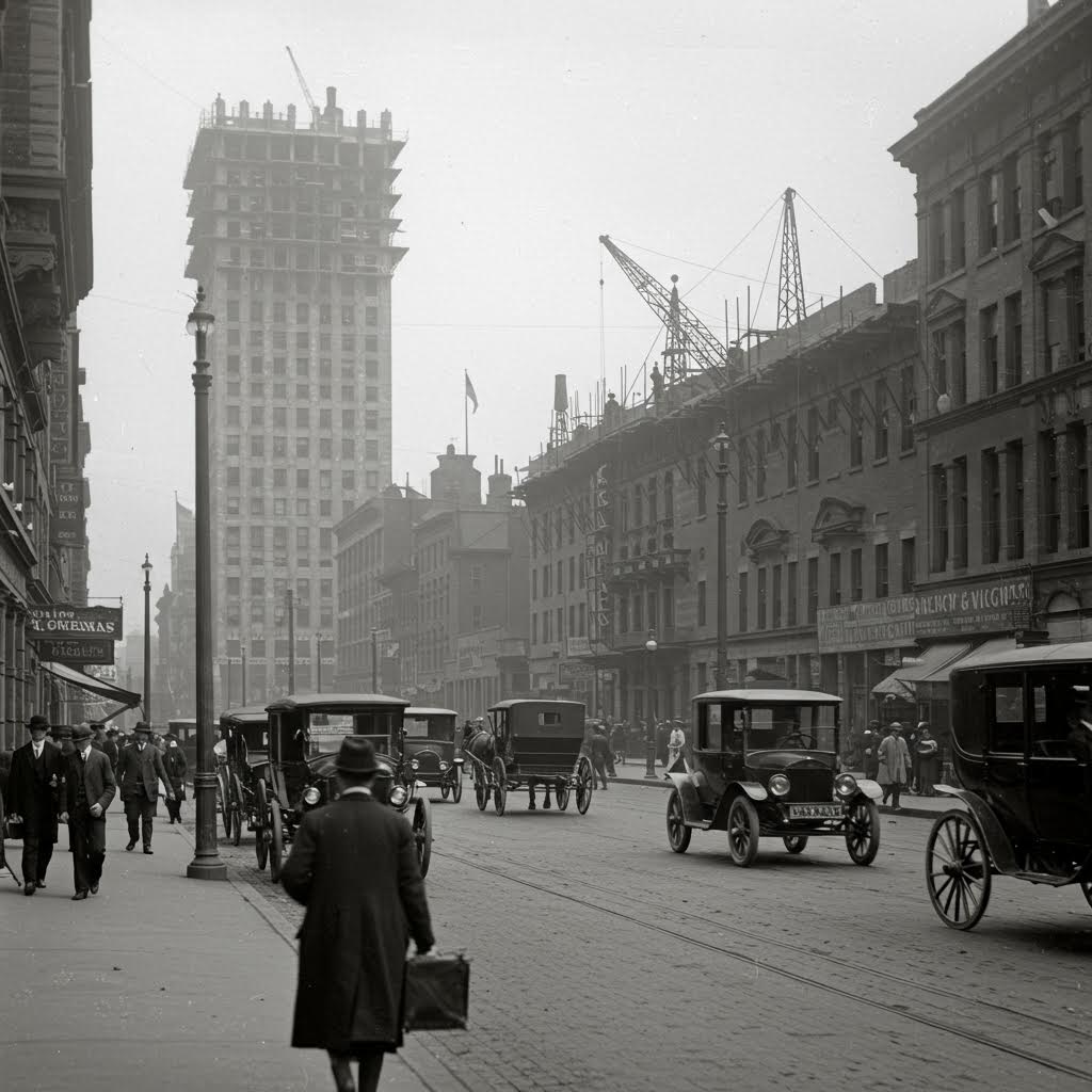 안개 낀 도심 속에서 마차와 자동차가 뒤섞이며 루믹스의 구축 정신처럼 산업 변화의 첫 숨결이 피어오르는 순간