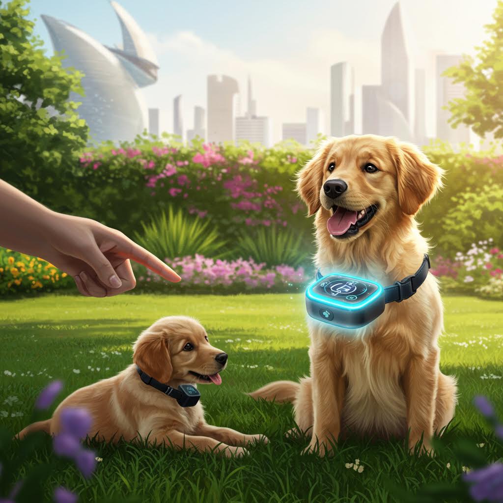 공원에서 강아지 두 마리가 스마트 목걸이를 착용하고 있는 장면. 루믹스솔루션을 활용한 펫 트래킹 시스템이 반려동물의 건강 상태와 위치 정보를 실시간으로 모니터링하며, 안전한 관리 환경을 제공하는 모습을 표현하고 있다.