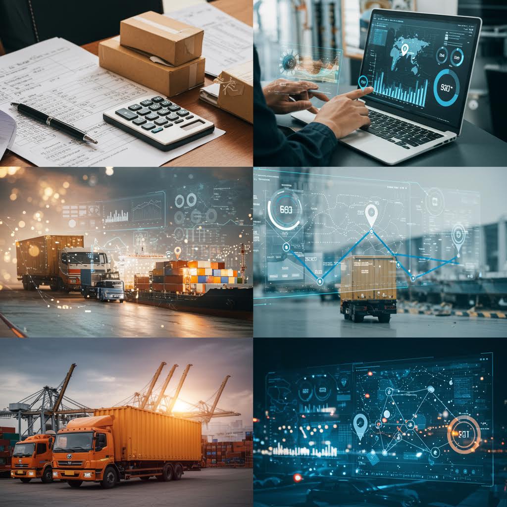 콜라주 형식: 왼쪽 위는 종이 서류와 계산기로 물류 관리하는 전통 사무실, 오른쪽 위는 홀로그램 월드맵과 데이터 대시보드를 조작하는 디지털 책상, 아래는 항구의 트럭·컨테이너와 실시간 추적 그래프가 겹쳐진 스마트 물류 네트워크. 디지털 전환을 보여주는 6단계 시퀀스.