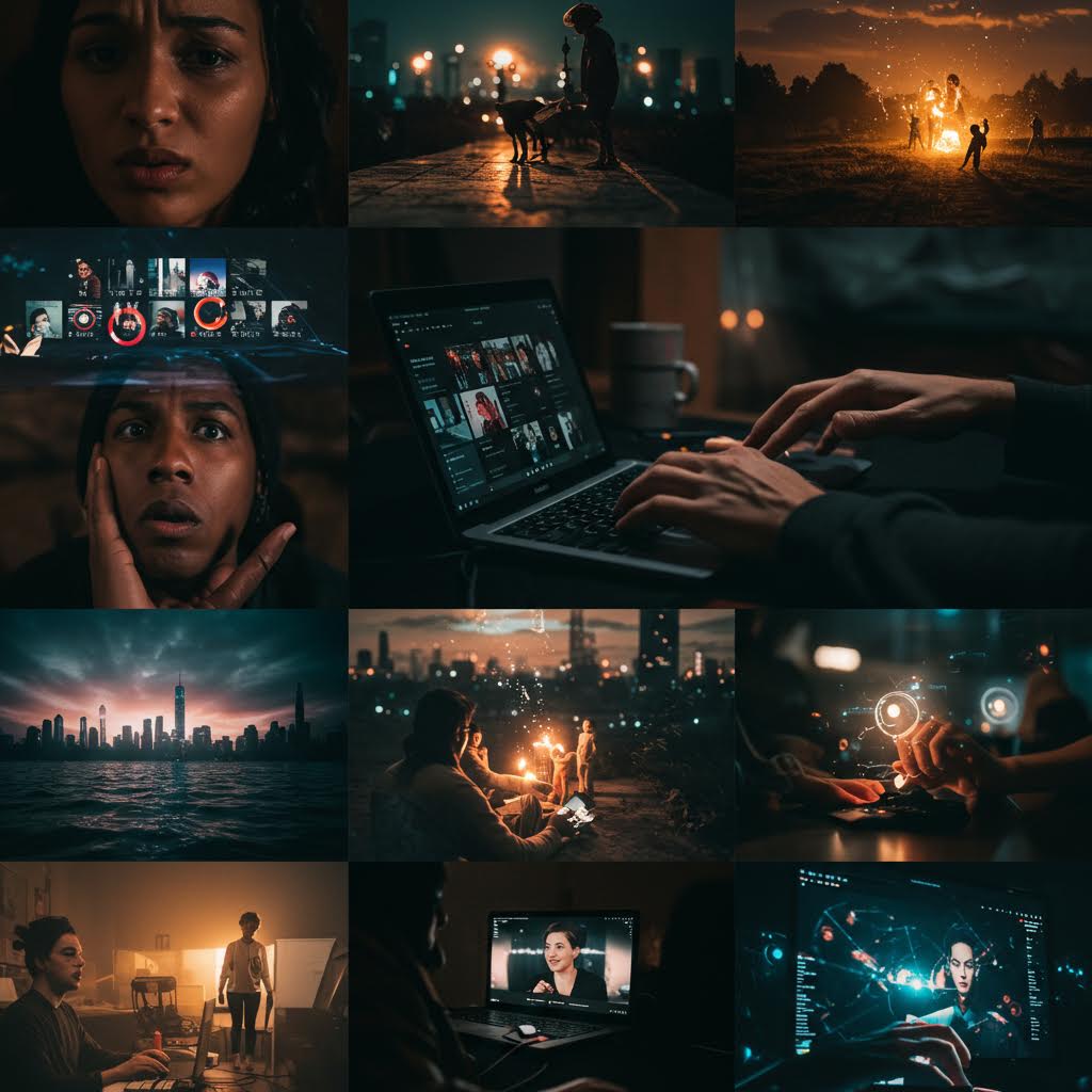 어둠 속 불빛과 화면이 교차하며 각기 다른 사람들의 감정과 연결이 이어지는 디지털 서사의 흐름