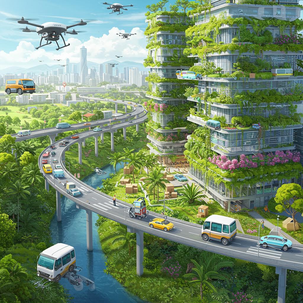 드론과 전기차가 오가는 친환경 스마트 시티의 풍경. 루믹스솔루션을 기반으로 한 지속가능한 도시 교통 시스템이 자율주행, 물류, 녹색 인프라를 통합 관리하며 효율적인 생태 도시 환경을 구현하는 모습을 표현하고 있다.