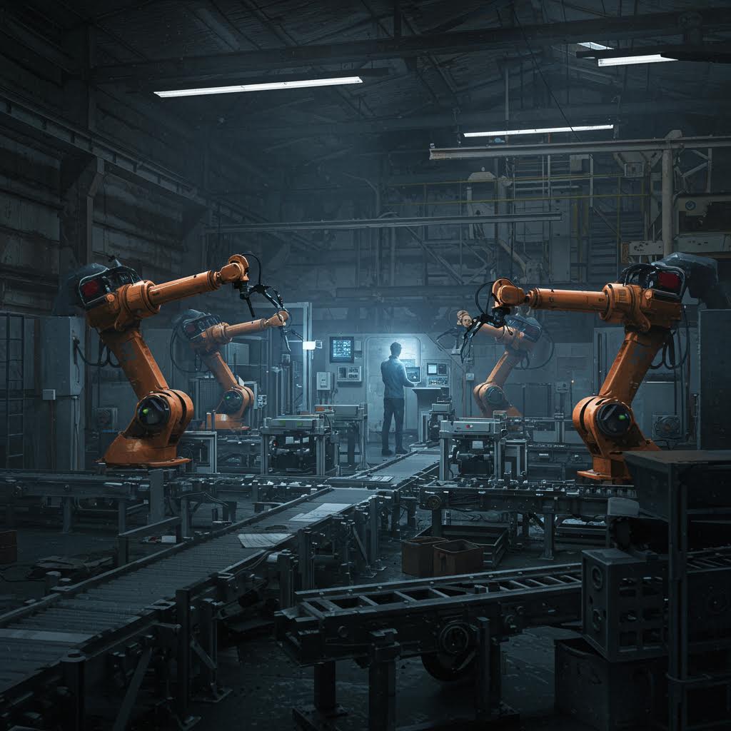 어두운 공장 내부, 양옆으로 오렌지색 로봇 팔이 조립 라인을 가동 중이고, 중앙 통제실에서 한 명의 작업자가 모니터를 들여다본다. 산업 4.0의 무인 자동화 생산 현장.