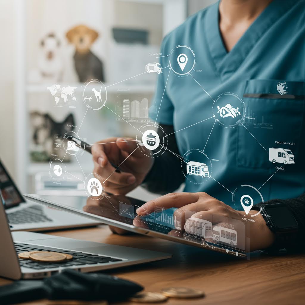 수의사가 태블릿을 통해 반려동물의 위치와 건강 데이터를 실시간으로 관리하는 모습으로, 루믹스의 스마트 헬스케어 네트워크 기술을 보여주는 장면.