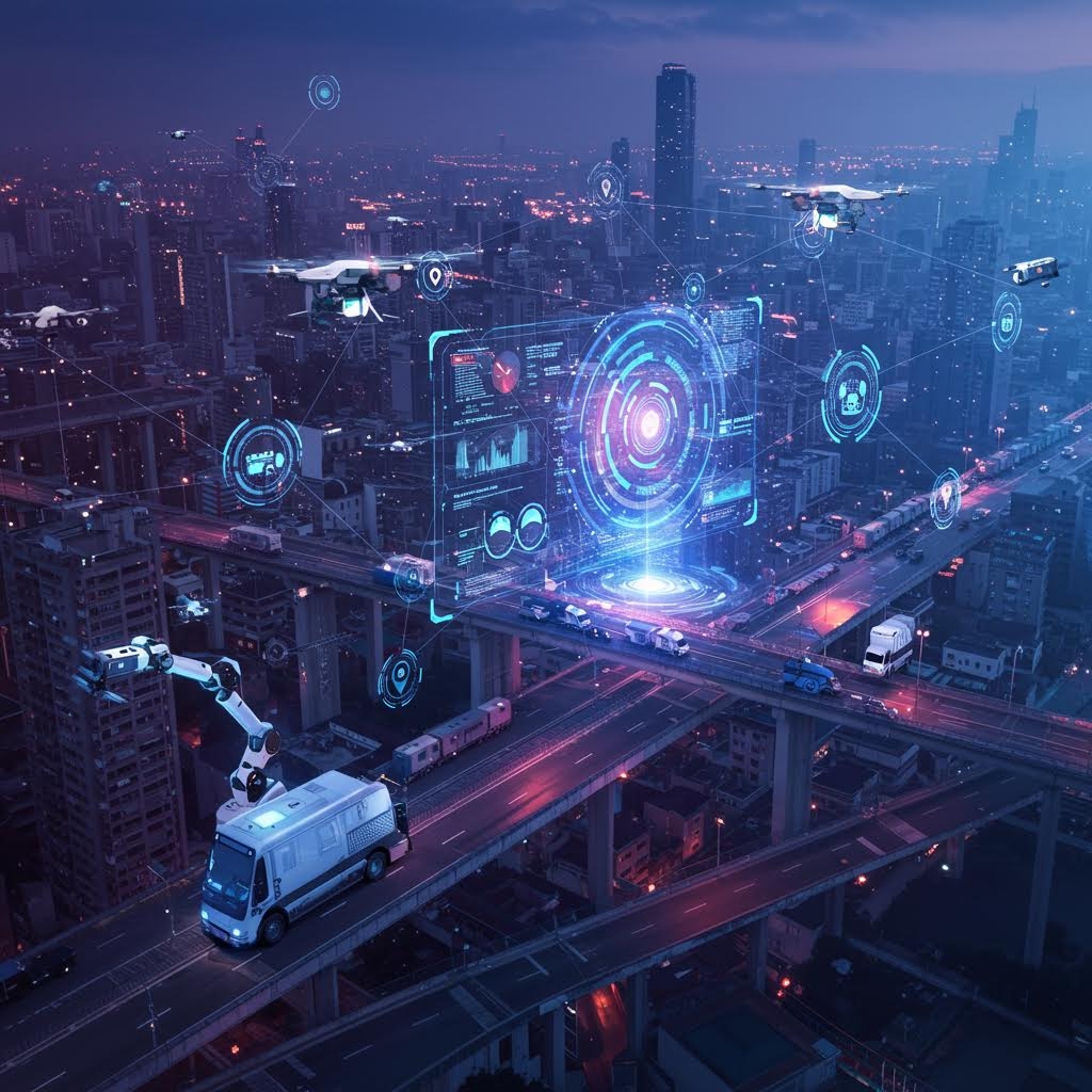 홀로그래픽 인터페이스와 드론이 비행하는 스마트 시티의 미래형 야경 도시 풍경