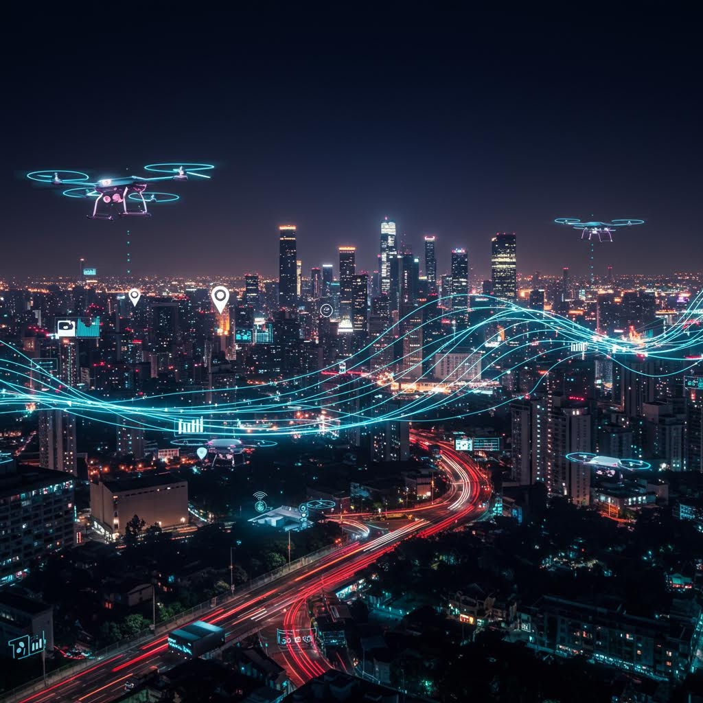 위치 마커와 데이터 연결 네트워크가 오버레이된 야경 도시 위를 비행하는 드론들