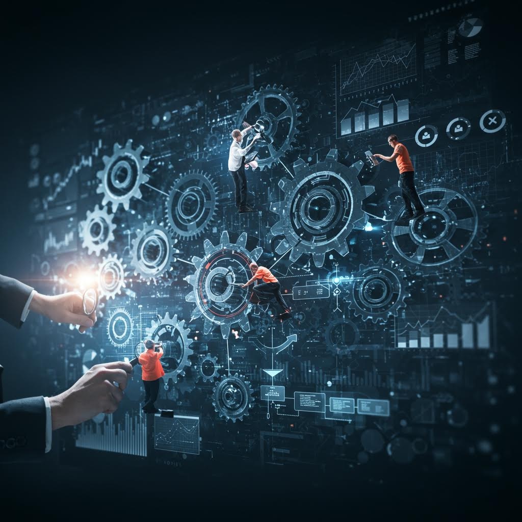 데이터 차트와 분석이 오버레이된 디지털 톱니바퀴 메커니즘 위에서 협업하는 비즈니스 팀원들의 개념적 이미지
