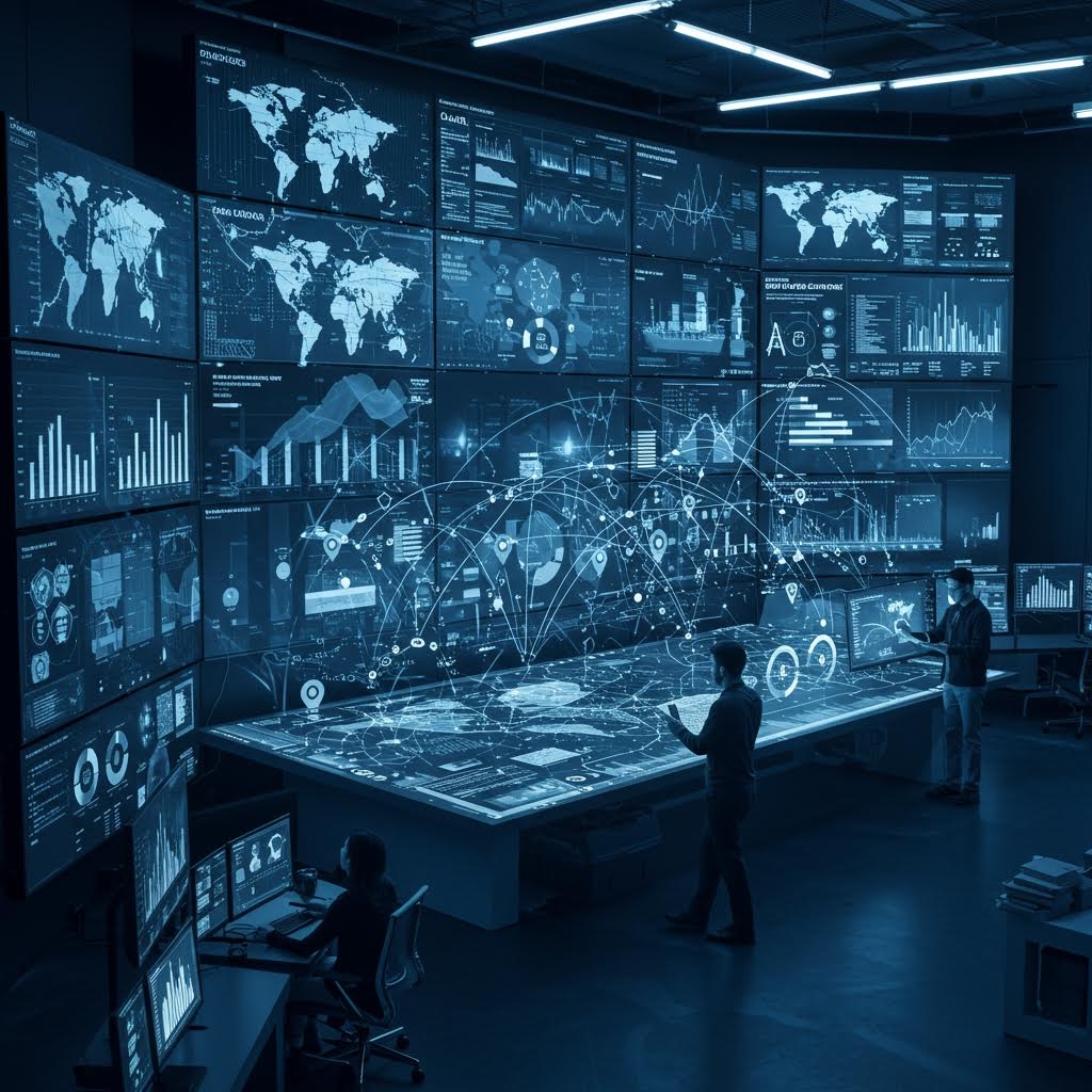 글로벌 지도, 분석 차트 및 네트워크 연결을 표시하는 여러 화면이 있는 미래형 명령 센터 운영실