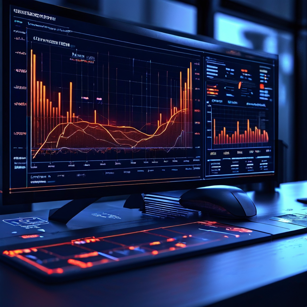 청회색 사무실 대시보드에 빛나는 파란색 효율 그래프가 최적화된 업무 흐름 도면 위에 겹쳐진 모습입니다.