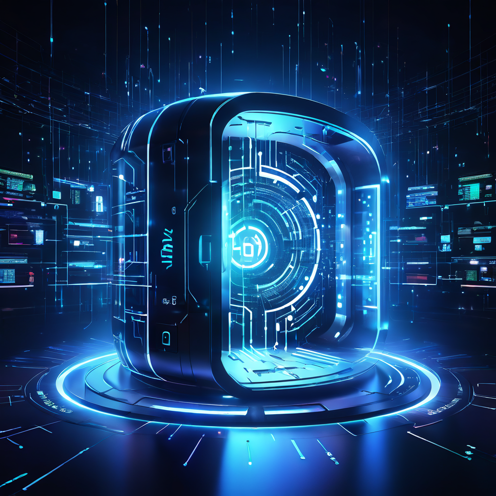 푸른빛과 은은한 빛을 내는 복잡한 디지털 자물쇠가 미래형 금고를 지키고 있으며, 주변으로 추상적인 데이터 흐름과 어둠 속 위협 요