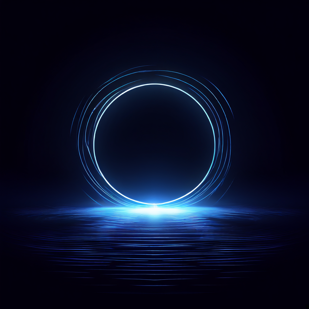 어두운 공간에 떠 있는 빛나는 추상적 상징이 미세한 파동을 발산하는 단순한 디자인이다.