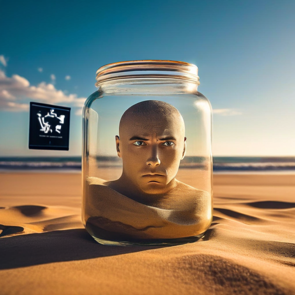 화면의 로딩 아이콘을 스트레스 받은 채 바라보며 모래가 조금씩 채워지는 유리병 머리를 가진 사람의 모습이다.