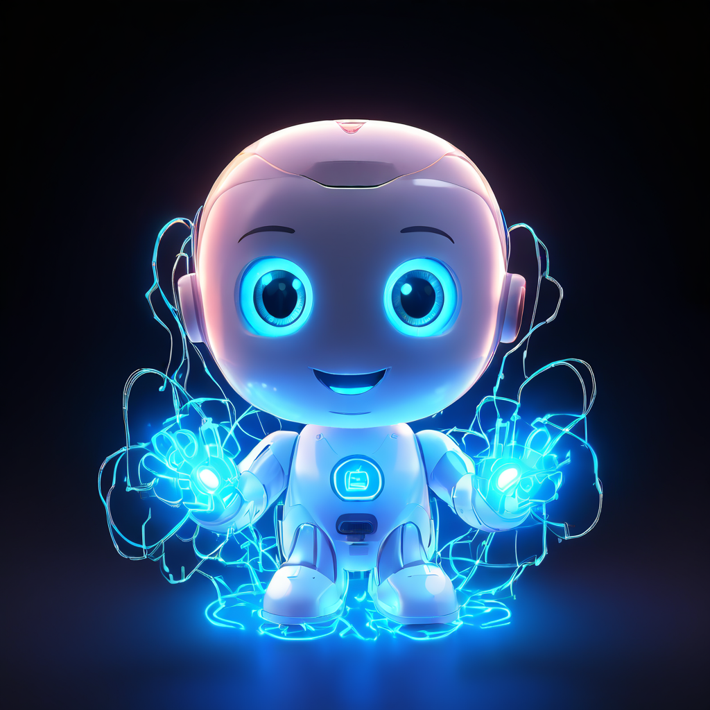 에너지를 발산하며 빛나는 만화 AI 비서가 단순한 도구를 넘어 복잡한 빛의 신경망으로 진화하는 모습이다.