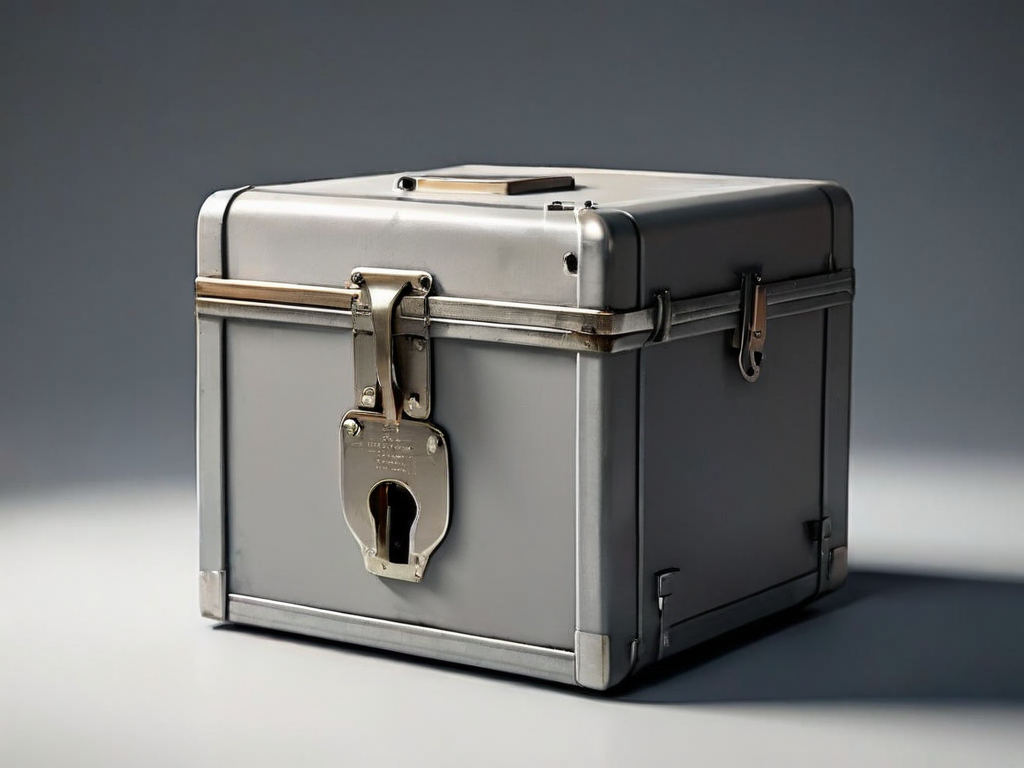 A sealed gray archival box with a brass lock sits beside a smaller lock on a matte studio surface, soft side light casting clean...