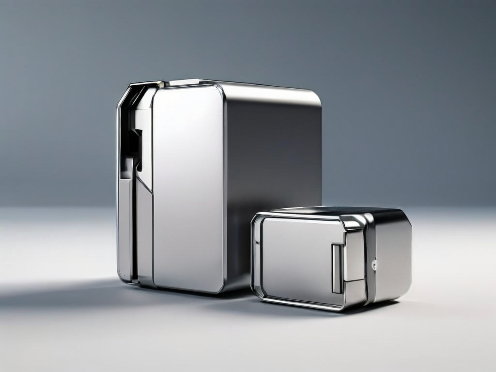 Portable drive and stacked data blocks on brushed metal surface with soft morning light